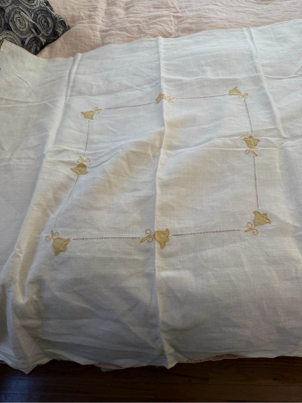 Classic White Linen Embroidered Tablecloth with Gold Accent